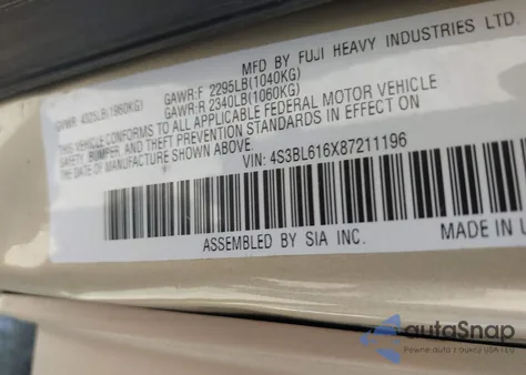 2008 Subaru Legacy 2.5I из США, поврежденный, VIN 4S3BL616X87211196